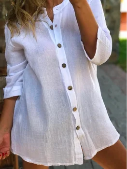 Kvinder Solid Langærmet Revers Grå Bomuld Urban Fritids-Shirt Linned Enkelt Breasted Cotton Cardigan Shirts Hvid Bluse