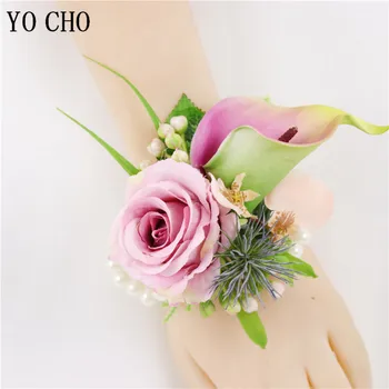 YO CHO Håndled Blomst Brudepiger Blomst Rose Calla Simulering Bryllup Groomsman Boutonniere Blomst Gæst Boutonnieres Corsage Pin-kode