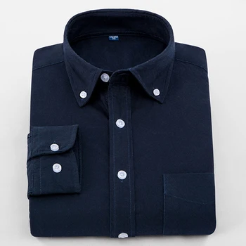 Mænds Bomuld Solid Oxford Casual Skjorte Enkelt Patch Lomme Tyk Komfortabel Lange Ærmer Standard-fit Button Down Skjorter