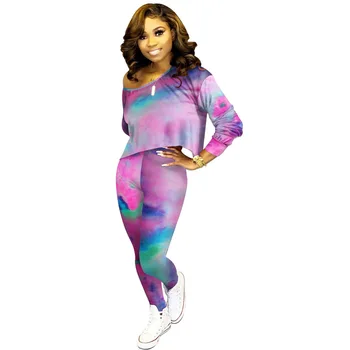 Echoine Kvinder Tie Dye Farverige Galaxy Print Ene Skulder Langærmet Tee Bukser Kulør To Delt Sæt Casual Sporty Tøj, Træningsdragt
