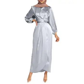 Satin Abaya Kjole Muslimske - Kvinder Solid Farve Wrap Foran, Lange Ærmer Flæser Lange Maxi Kjole Sommeren Dubai Turk Beskedent Slid