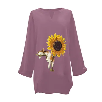 Plus Size Kvinder Afslappet langærmet Blomster Print Løs V-hals Skjorte Bluse Top