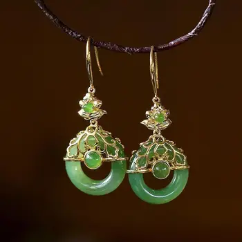 Naturlige Hetian Jade Grøn Jade sikkerhedsspænde Øreringe S925 Sterling Sølv Forgyldt Jasper Ornament for Kvinder