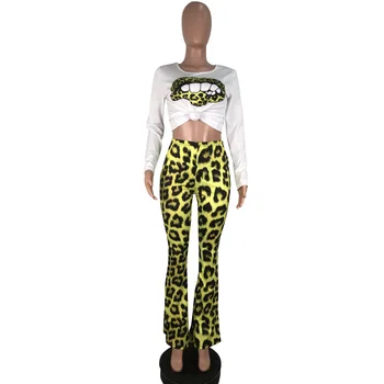 To delt Sæt Kvinder Festival Tøj Leopard Læber Print-Toppe Cheetah Flare Pants Matchende Sæt Sexet 2 Stykke Udstyr HAOOHU