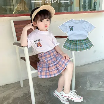 Keelorn Girls Cute Tøj Sæt koreansk Mode Kids Tegnefilm Print T-shirts Og Plaid Nederdel 2stk Outfits Børn Casual Suits