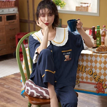Mode Koreanske Sommeren Korte Ærmer Nattøj Sød Bjørn Print Pyjamas Sæt Afslappet Behagelig Homewear Kawaii To-Delt Nattøj