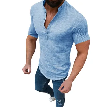 Solid Farve Mænds Casual Bomuld t-Shirts Til Mænd, der Løs Mod Hals-Knappen Korte Ærmer Åndbar Udendørs Shirt Vintage Toppe P1