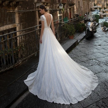 Fanweimei A-Line Wedding Dress Elegant Sølv V-Hals Perlebesat Sequined Hot Salg Cap Ærmer Glitter Brudekjole Plus Size Bryllup