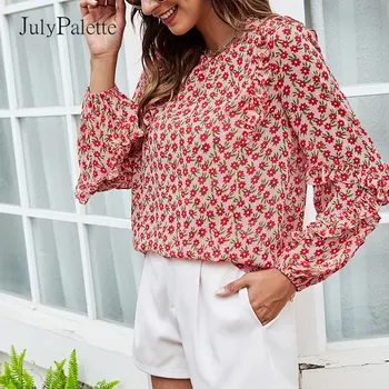 Julypalette 2021 Efteråret Røde Blomster Trykte Shirts Kvinder O-hals Fuld Ærme Chiffon Toppe Casual Pjusket Kvindelige Løs Skjorte Toppe