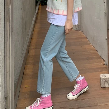 Høj Talje, Straight Jeans Kvinder Koreansk Stil Løs Solid Farve Streetwear Kæreste Denim Bukser Casual Baggy Jean Femme