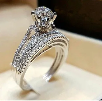 Hot Smykker Luksus Klassiske Diamant Kvinder Ring 2pc med Pladsen Prinsesse Cut Diamant Bryllup Sterling SilverAnniversary til Stede