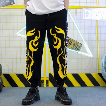 SEVEYFAN Teenage Mænds Hip-Hop Bukser Flamme Print Elastisk Talje Snøre Joggere Mode Personlighed Blyant Bukser