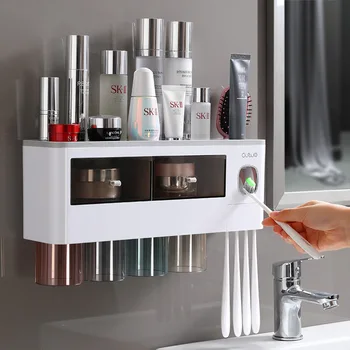 Wall-Monteret Husstand Badeværelse Multifunktionelle Automatisk Tandpasta Dispenser Tandbørsteholder Magnetiske Mundskyl Cup Rack