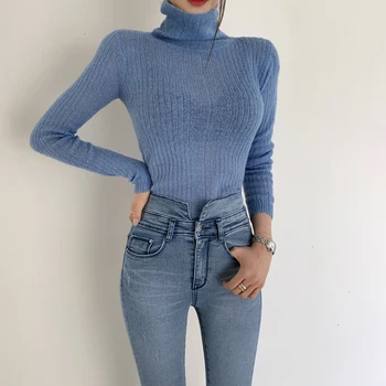 Pullover Kvindelige Tøj Til Kvinder Rullekrave Lange Ærmer Efteråret Slank Mode Nye Hvide Koreanske Strikket Sweater