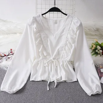 Koreansk Stil Lace-up Talje Bluse 2021 Nye V-hals Mynte Blad Lanterne Ærmet Shirt Sød Chiffon Kvinders Bluse