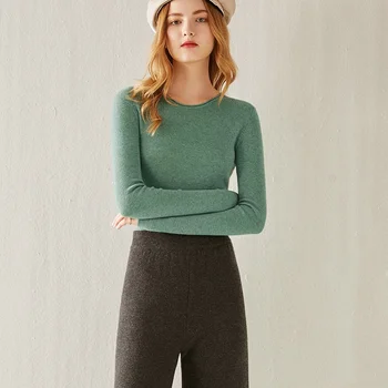 Kamgarn cashmere sweater Kvinder er ny runde krave forår og sommer strik base alsidig enkle slanke