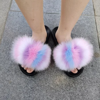 Kvinder Fluffy Pels Dias Dejlig Farverig Regnbue Pels Sandaler Fuzzy Tøfler Åben Tå, Non-slip Furry Klip-Klappere Indendørs Udendørs
