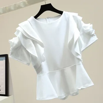 2021 Kvinder T-shirt Fashion Forår Sommer Ny koreansk Stil Blomst Rodede Rund Hals kortærmet Kvindelige Slank Casual Toppe