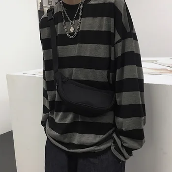 Harajuku Overdimensionerede High Street Sweatshirts Stribe T-shirt Lange Ærmer Hoodie Vintage Mode Unisex Tøj Japansk Streetwear