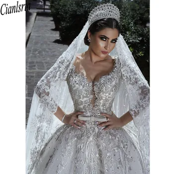 2021 Vestidos De Novia Vintage Luksus Bolden Kjole med Lange Ærmer Lace Kjoler Afrikanske Plus Size muslimske bryllup kjole Perler