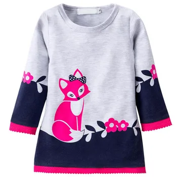 Kid Piger Efteråret Varm Kjole Mode A-linje Fox Sweater Kjoler Strikket langærmet O Hals Børn Tøj Part Bære Kjole 3-7