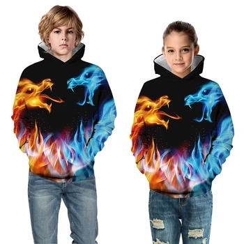 Foråret Efteråret Børn 3D-Hættetrøjer Sort Hvid Løve Wolf Brand Dragon Drenge Piger Print Mode Hooded Sweatshirts Børn Pullovere
