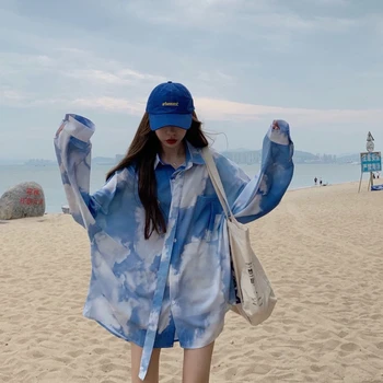 Tie Dye Blå Kvinder Bluser 2021 Sommer Lange Ærmer Overdimensionerede Mid-Længde Shirts koreansk Stil, Casual Kvindelige Mode Toppe