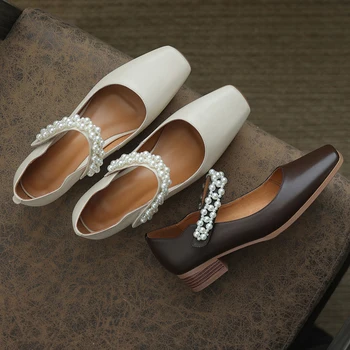 Kvinder Sko Naturlige Læder pumper 22-25 cm tyk hæl Ko læder Fuld læder koreanske pearl spænde Mary Jane sko dame sko