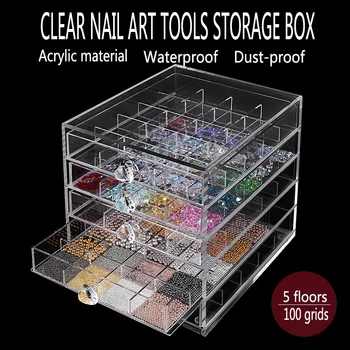 5 Lag 100 Net 3D Nail Art Farverige Klar Krystal Blandet Dame Negle Tips Decals Dekoration med opbevaringsboks Container