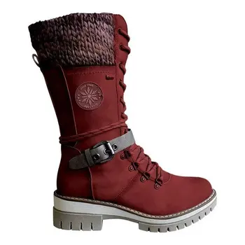 Moda marka kış orta buzağı çizmeler kadın yuvarlak ayak kare yüksek topuk kar botları snøre dize sıcak ayakkabı 2021 yeni
