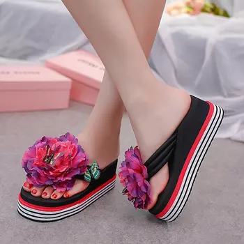 Blomster damesko nye sandaler kvinder klip tå tøfler sommeren kvinder sommeren trække høj hæl kile hæl strand fritid