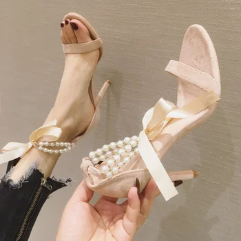 Sandaler til kvinder 2021 nye alsidige fe kvinders sko med tynd hæl pearl franske piger' sommer høje hæle