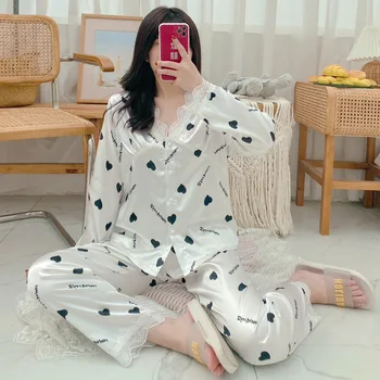 Satin Pyjamas kvinders Foråret langærmet Cardigan med Blonder Passer Ice Silke Sexet koreansk Stil Sød Kan Bæres Uden for Hjemmet Tøj