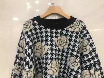 Nye damer 2021 mode lange ærmer sexet casual retro houndstooth fishtail sweater 1020