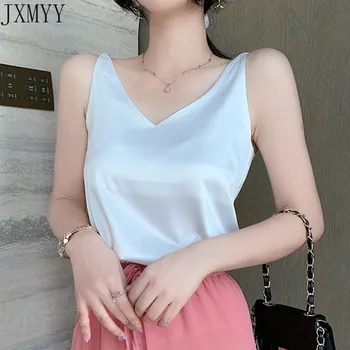 Koreanske Kvinder Silke Bluser Kvinder Satin Toppe Kvinde Ærmeløs Bluse Toppe Kvinde Satin V-hals Blouse Top Plus Size Damer Hvid Top