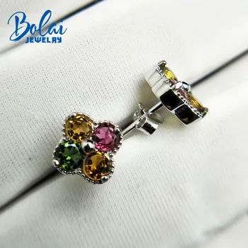Bolai romantiske naturlige turmalin ørestikker, øreringe af 925 sterling sølv, multi farve gemstone smykker til kvinder girl små øreringe