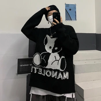Harajuku Vinter Sweater Kvinder Casual Pullover Løs Syning Sort Hvid Bjørn Anime Print Plus Size Sweater Kvindelige Streetwear