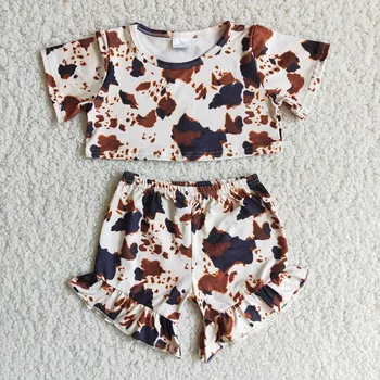 2021 Sommer Mode Spædbarn Søde Pige Afgrøde Top Kortærmet Skjorte Leopard Flæser Bukser Baby Tøj Engros Boutique Tøj