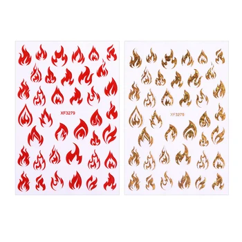 Laser Guld Sølv Brand Nail Art Mærkat Dekoration Decal til Nail Design Manicure Rød Blå Flamme Design Decal Sticker Tilbage Lim