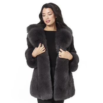Naturlige Fox Fur Coat Kvinder Vinteren Varm Tyk Jakke Med Fashion Turndown Krave Overfrakke