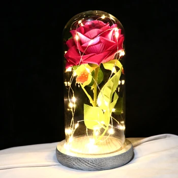 Valentins Dag, Mors Dag, Jul gave glas kuppel kuppel skønheden og udyret farvede roser med LED træ-base