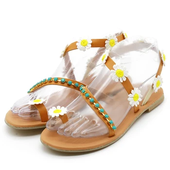 Sommeren Kvinder Sko Flade Hæle Gladiator Sandaler Mode Kvindelige Komfortable Søde Blomster Boho Beach Sandaler Plus Size 35-44