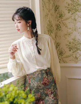 Koreanere To Delt Sæt Kvinder Elegante Passer Til 2021 Efteråret Vintage Lanterne Ærme Hvid Skjorte + Rose Print Nederdel Sæt