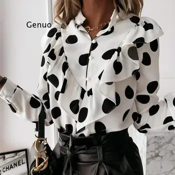 Kvinder Elegante Flæse Bluse Shirts Polka Dot Leopard Bluser Femme 2021 Sommeren V-Hals Lange Ærmer Casual Toppe Plus Size Kvinder
