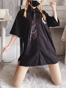 Original Japansk gotiske mørke sort bluse aftagelig lynlås, ærme broderi månen med Uafgjort piger punk bluse shirt foråret