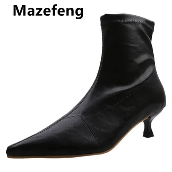 2021 Fashion Kvinder Støvler Casual Læder Lav Høje Hæle Foråret Sko Kvinde Spids Tå Gummi-Ankel Støvler Black Shoes Mujer