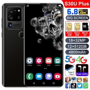 S30U Plus Nyeste Smartphone Ultra 6.8 Tommer HD-Skærm 4800mAh Batteri 12GB RAM 512 GB 4G 5G 18MP 32MP ansigtsgenkendelse