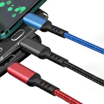 3 i 1 Flettet Type-C Hurtig USB-Opladning Kabel til iPhone, Samsung Xiaomi