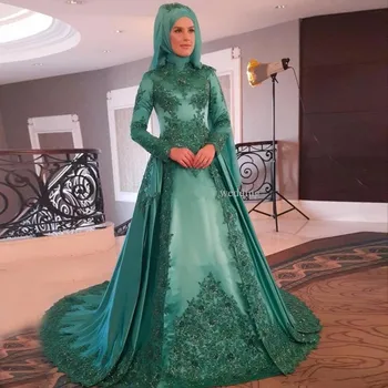 Grøn Muslimske Brudekjoler Bolden Kjole Lange Ærmer Pynt Blonder Perlebesat Boho Brudekjole Brude Kjoler Vestido De Noiva