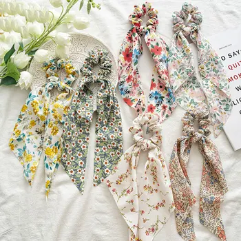 Kvinder New Chiffon Scrunchies Sommer Mode Blomster Print Gils Solid Lange Hår Bånd Sød Elastisk Hårbånd Hår Tilbehør
